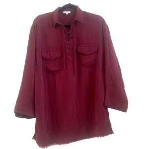 Umgee Size Medium Wine Burgundy Raw Fringe Hem Lace Up Collar Blouse